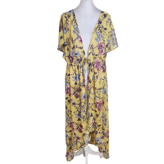 No Boundaries Sheer Yellow Floral Kimono with Tie Front Size XL 15-17