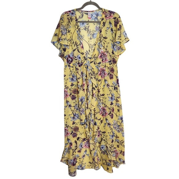 No Boundaries Sheer Yellow Floral Kimono with Tie Front Size XL 15-17