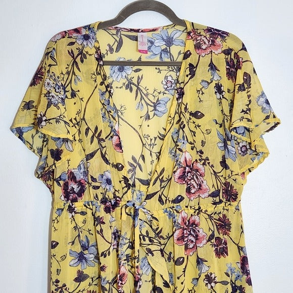 No Boundaries Sheer Yellow Floral Kimono with Tie Front Size XL 15-17