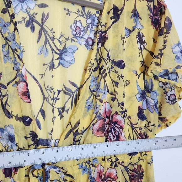 No Boundaries Sheer Yellow Floral Kimono with Tie Front Size XL 15-17