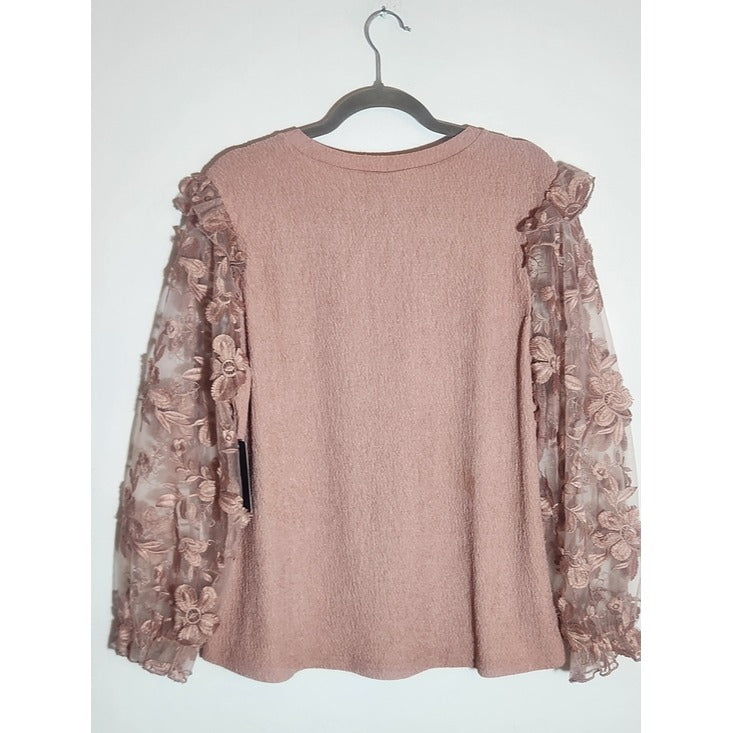 Alice Blue Light Pink Blouse with Sheer Floral Applique Sleeves Size 1XL NWT