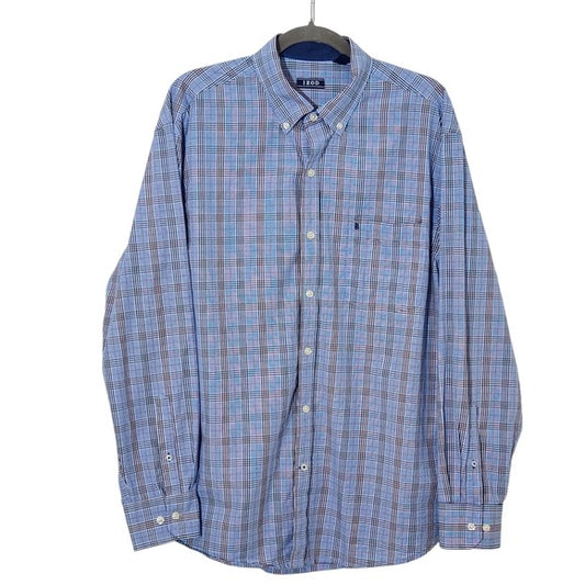 IZOD Men's Blue Plaid Button Down Shirt Size Large Preppy Plaid Shirt