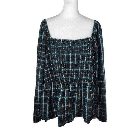 Old Navy Green Plaid Smocked Blouse with Full Sleeves and Back Cutout Size 3X
