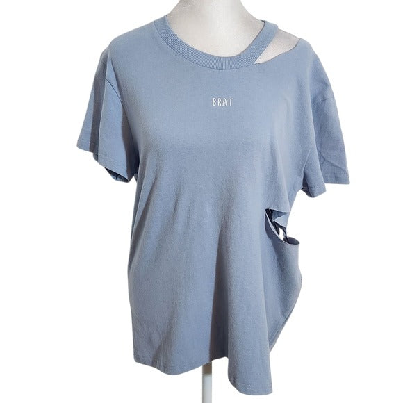 Honey Punch Blue Distressed Top with BRAT Embroidery Size Large, New