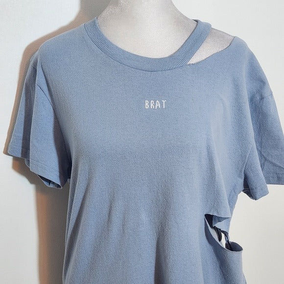 Honey Punch Blue Distressed Top with BRAT Embroidery Size Large, New