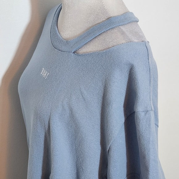 Honey Punch Blue Distressed Top with BRAT Embroidery Size Large, New