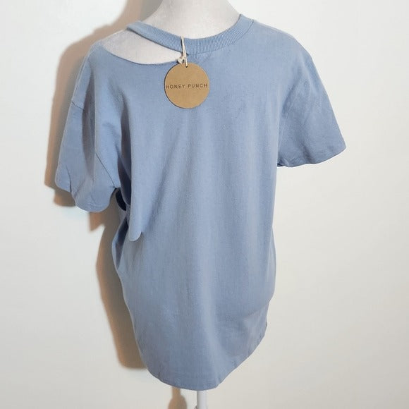 Honey Punch Blue Distressed Top with BRAT Embroidery Size Large, New