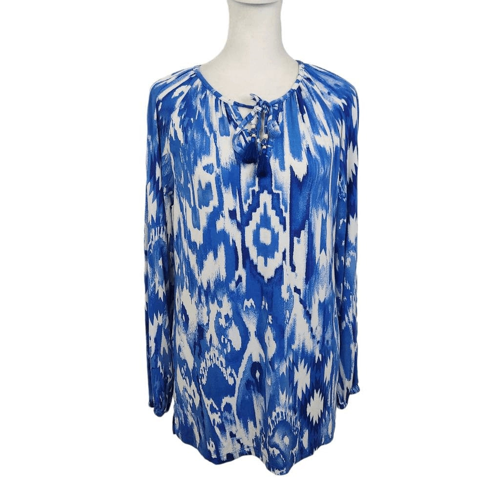 Belle by Kim Gravel Blue and White Ikat Print Blouse Size XXS Blue Ikat Top
