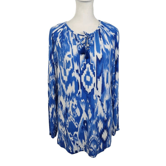 Belle by Kim Gravel Blue and White Ikat Print Blouse Size XXS Blue Ikat Top