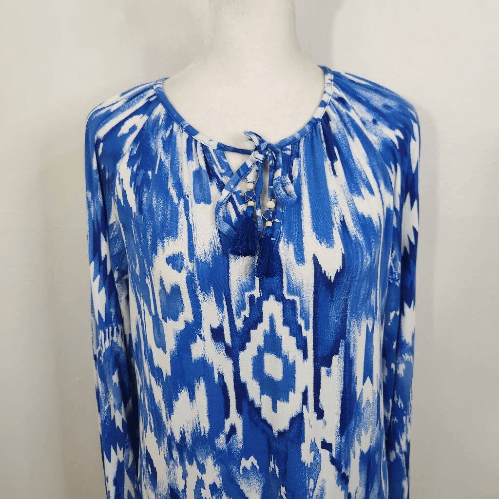 Belle by Kim Gravel Blue and White Ikat Print Blouse Size XXS Blue Ikat Top