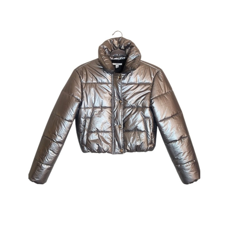 Bar III Metallic Silver Cropped Puffer Jacket Size Small Flaw