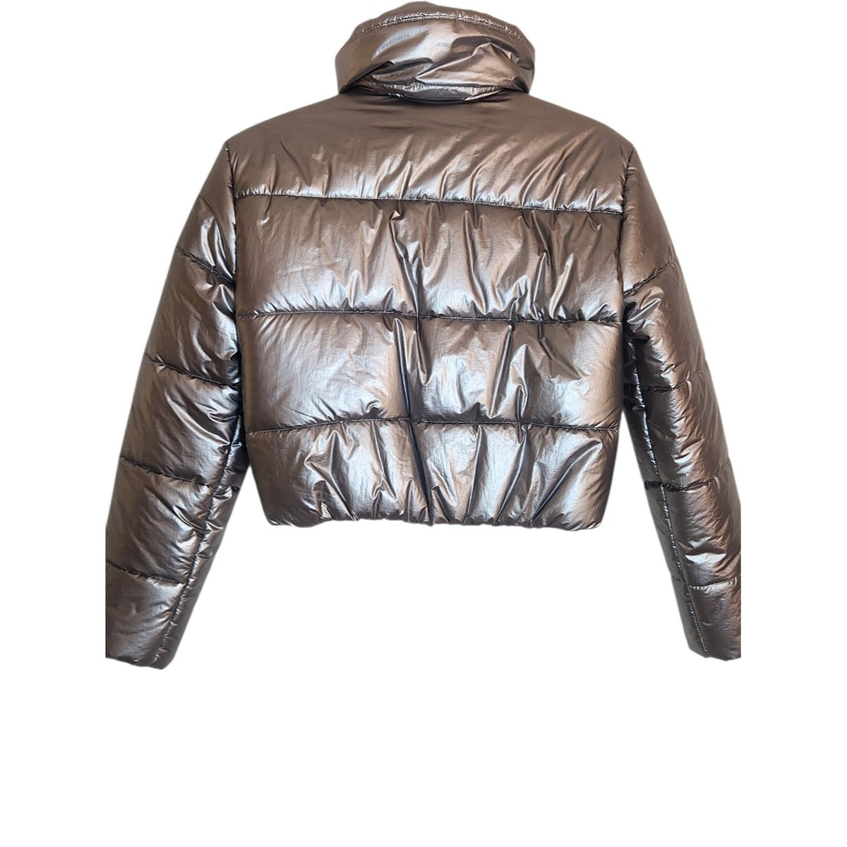 Bar III Metallic Silver Cropped Puffer Jacket Size Small Flaw