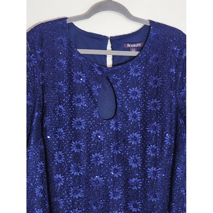 Roaman's Navy Floral Lace Sequin Formal Tunic Blouse Size 24W