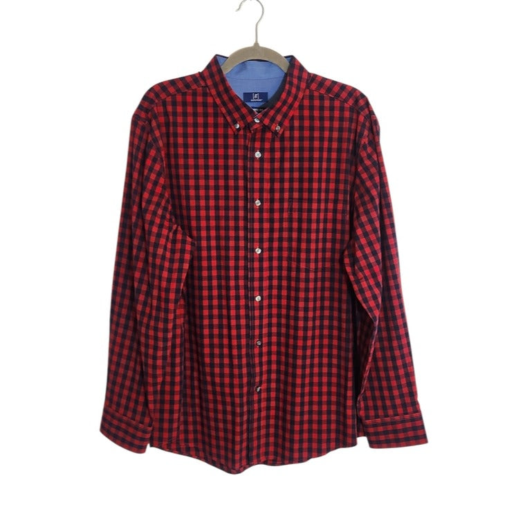 George Red and Navy Plaid Check Long Sleeve Button Down Shirt Size XL