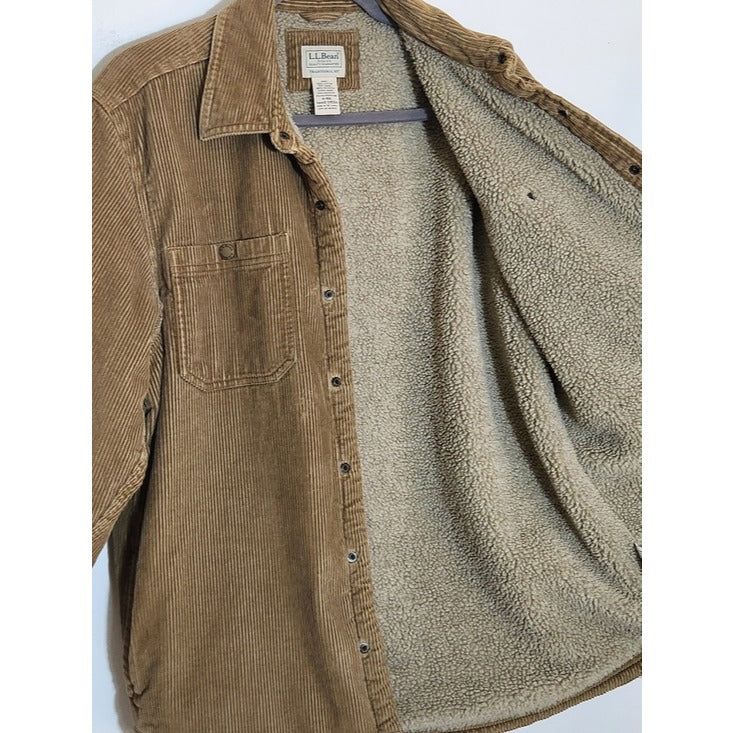 L.L. Bean Mens Brown Corduroy Sherpa Lined Shacket Size Medium Traditional Fit
