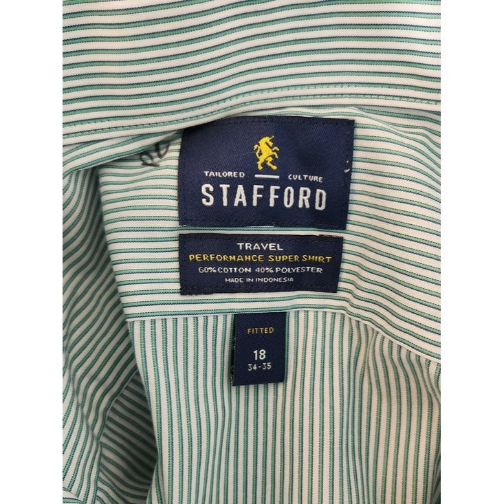 Stafford Green and White Stripe Button Up Dress Shirt Size 18 34/35 NWOT