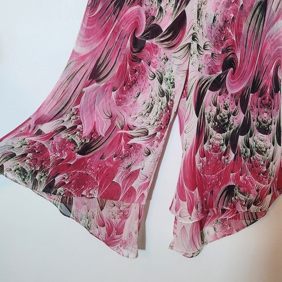 Pyramid Collection Pink Floral Boho Wide Leg Pants with Asymmetrical Hem Size 1X