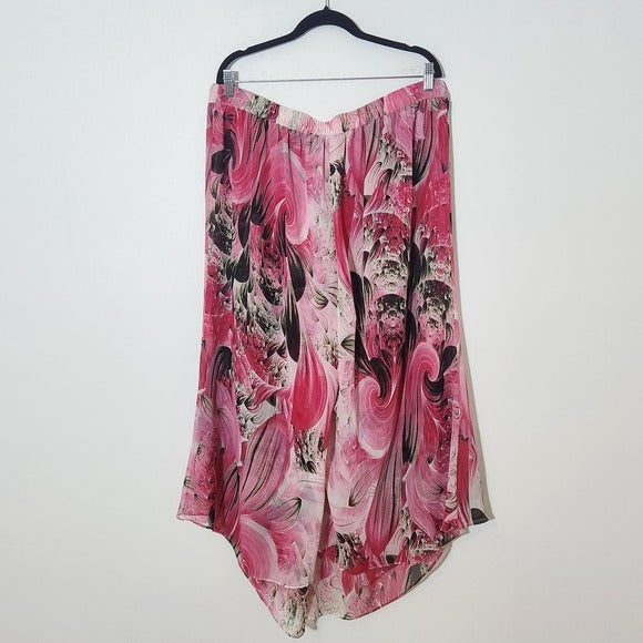 Pyramid Collection Pink Floral Boho Wide Leg Pants with Asymmetrical Hem Size 1X