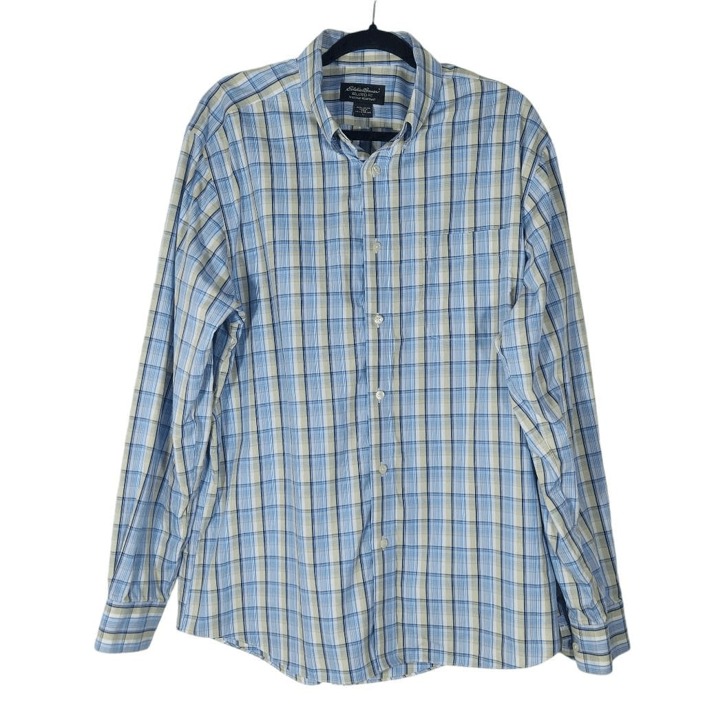 Eddie Bauer Blue Plaid Buttondown Shirt Sz Large Preppy Plaid 100% Cotton Shirt