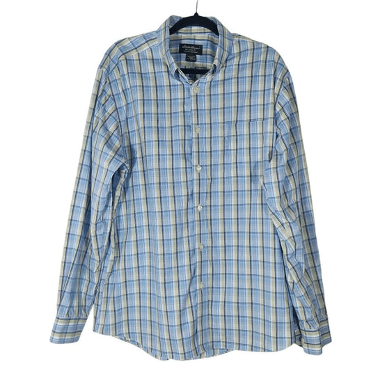 Eddie Bauer Blue Plaid Buttondown Shirt Sz Large Preppy Plaid 100% Cotton Shirt