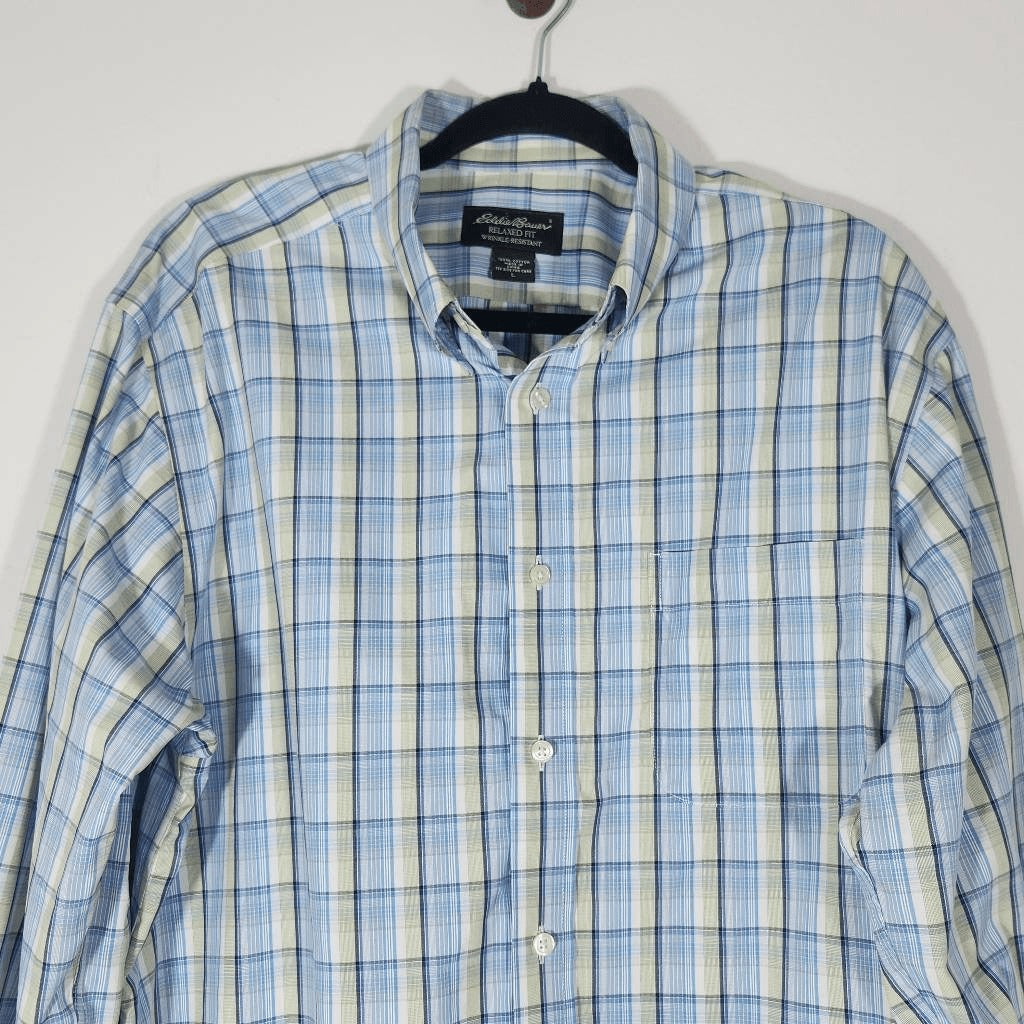 Eddie Bauer Blue Plaid Buttondown Shirt Sz Large Preppy Plaid 100% Cotton Shirt