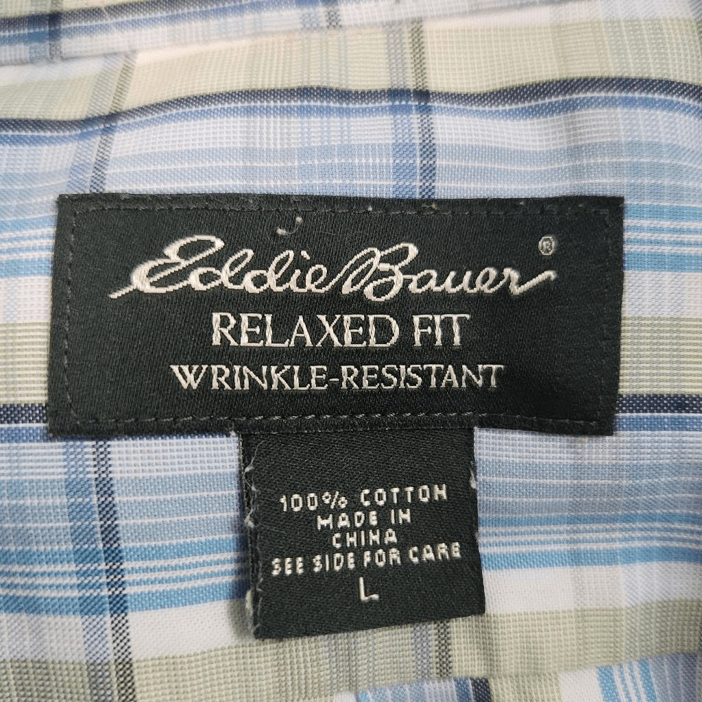Eddie Bauer Blue Plaid Buttondown Shirt Sz Large Preppy Plaid 100% Cotton Shirt