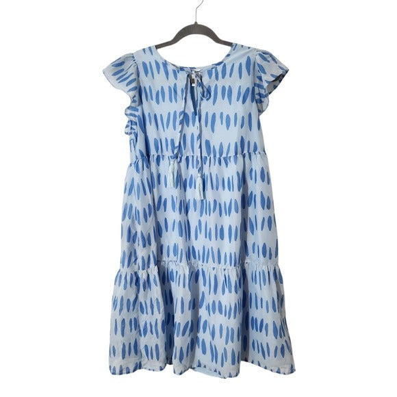 J. Marie Blue Print Ruffle Sleeve Tiered Mini Dress Size Medium NWT