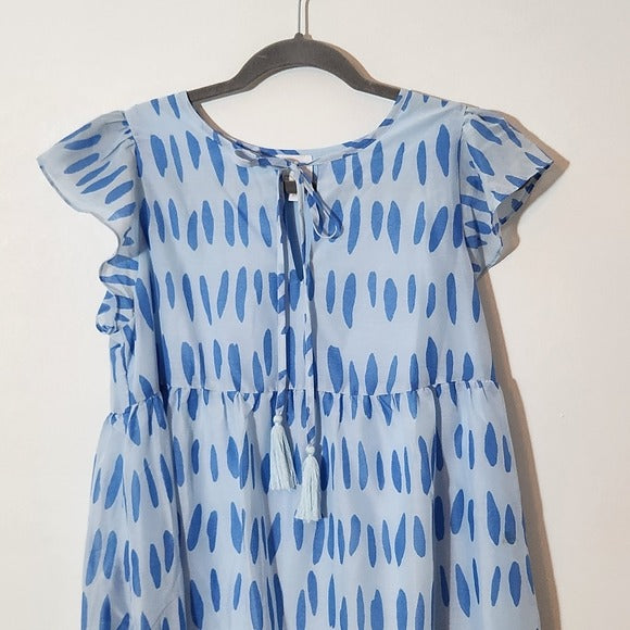 J. Marie Blue Print Ruffle Sleeve Tiered Mini Dress Size Medium NWT
