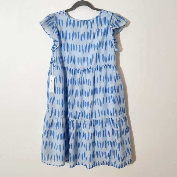 J. Marie Blue Print Ruffle Sleeve Tiered Mini Dress Size Medium NWT