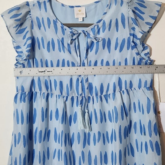 J. Marie Blue Print Ruffle Sleeve Tiered Mini Dress Size Medium NWT