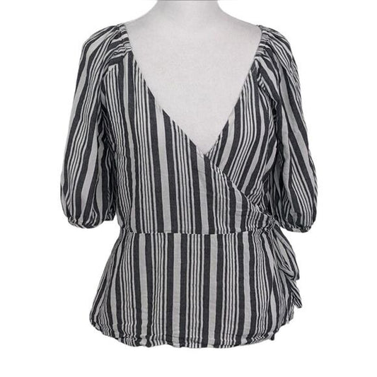 Old Navy Black and White Striped Wrap Blouse Size Small Puffy Sleeve Top