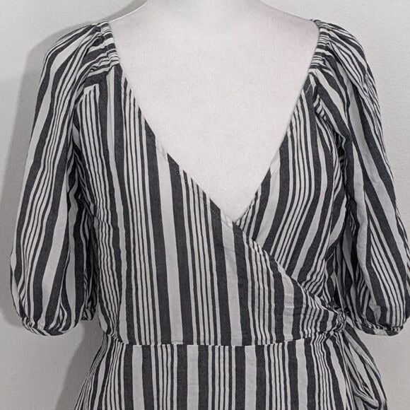 Old Navy Black and White Striped Wrap Blouse Size Small Puffy Sleeve Top