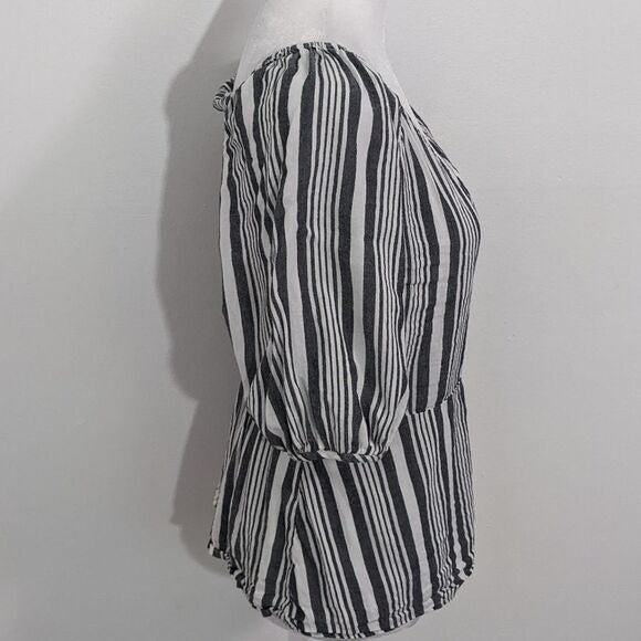 Old Navy Black and White Striped Wrap Blouse Size Small Puffy Sleeve Top