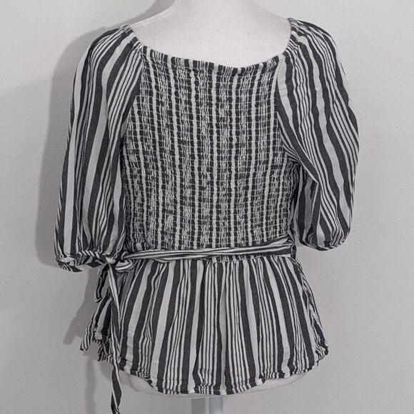 Old Navy Black and White Striped Wrap Blouse Size Small Puffy Sleeve Top