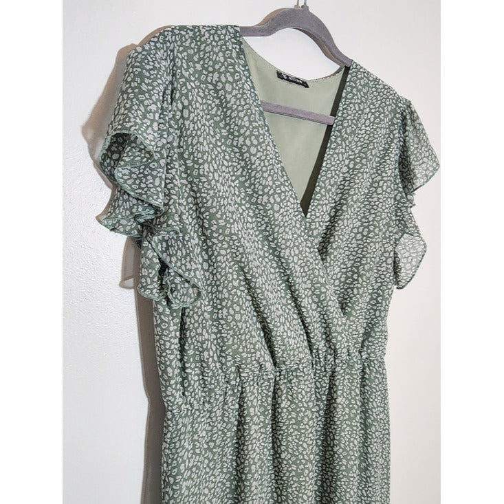 BTFBM Green Floral Print Maxi Dress with Sash Size XL Wedding Guest Dress