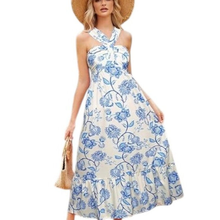 Grace Karin Blue Floral Boho Halter Maxi Dress Size XL