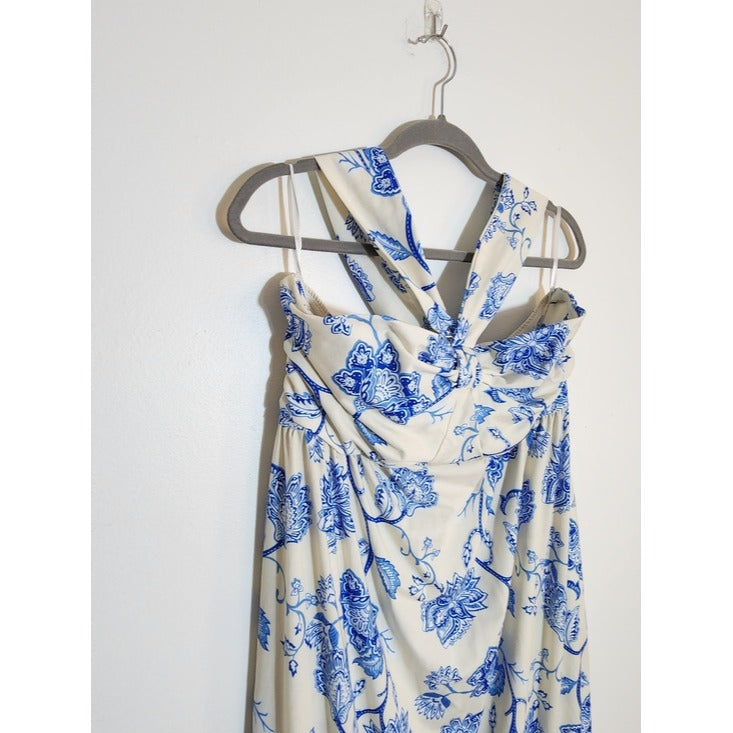 Grace Karin Blue Floral Boho Halter Maxi Dress Size XL
