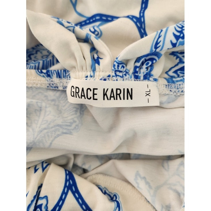 Grace Karin Blue Floral Boho Halter Maxi Dress Size XL