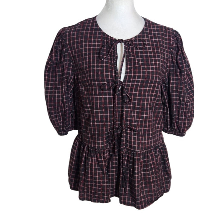 Time and Tru Black and Red Tie Front Blouse Size Medium