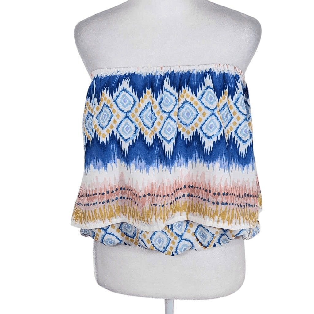 Raga Blue and Pink Boho Strapless Bubble Top NWT Size XS Boho Strapless Crop Top