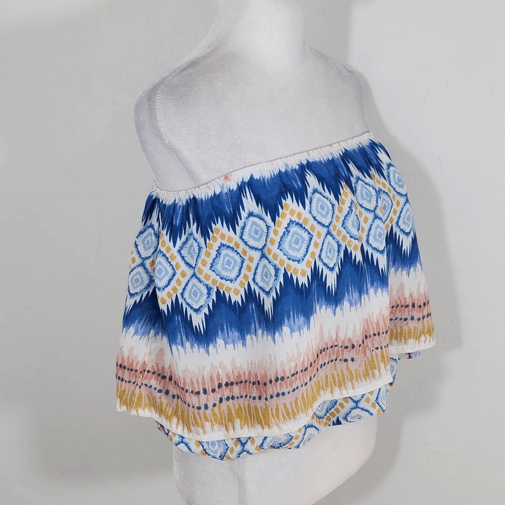 Raga Blue and Pink Boho Strapless Bubble Top NWT Size XS Boho Strapless Crop Top