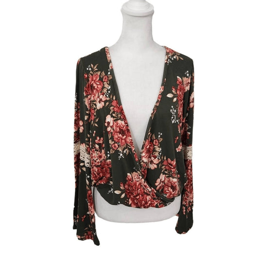 Charlotte Russe Pink and Green Floral Top NWT Size Large Green Wrap Look Top