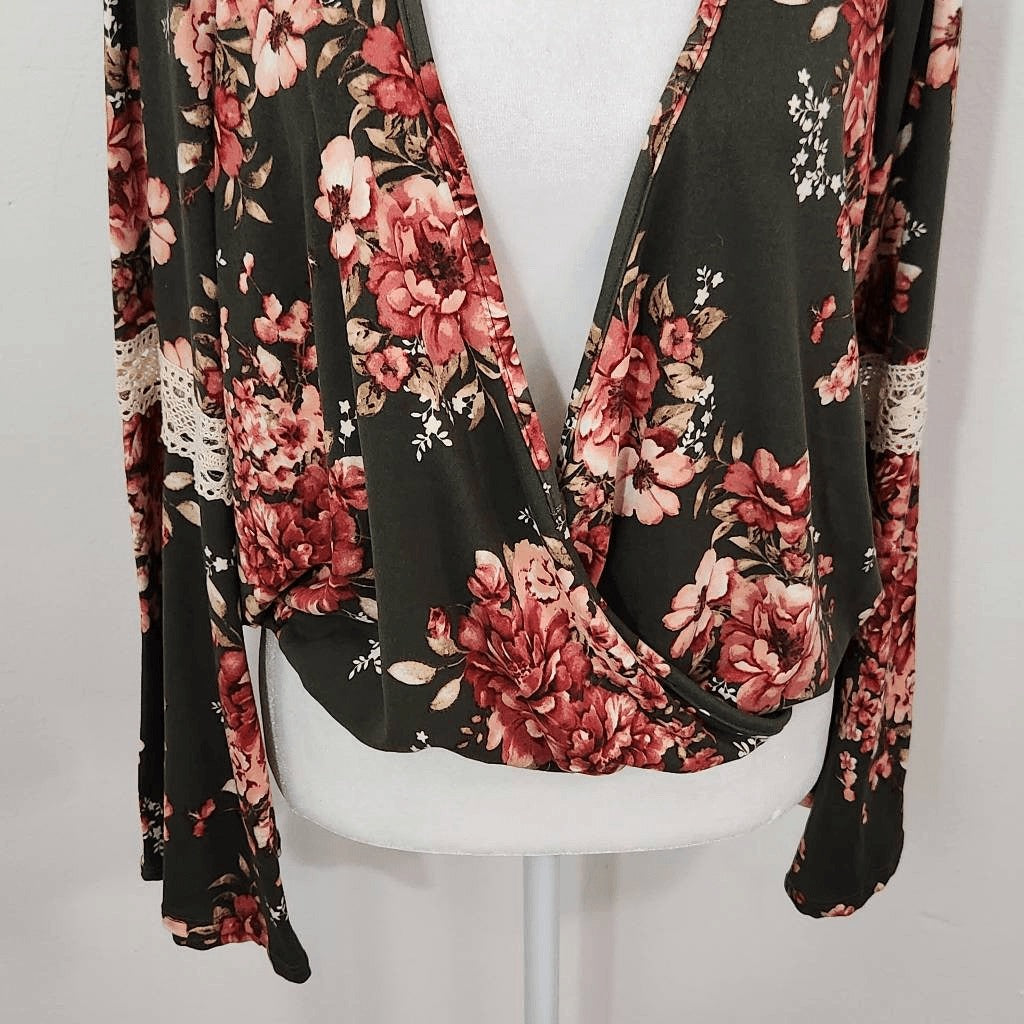 Charlotte Russe Pink and Green Floral Top NWT Size Large Green Wrap Look Top