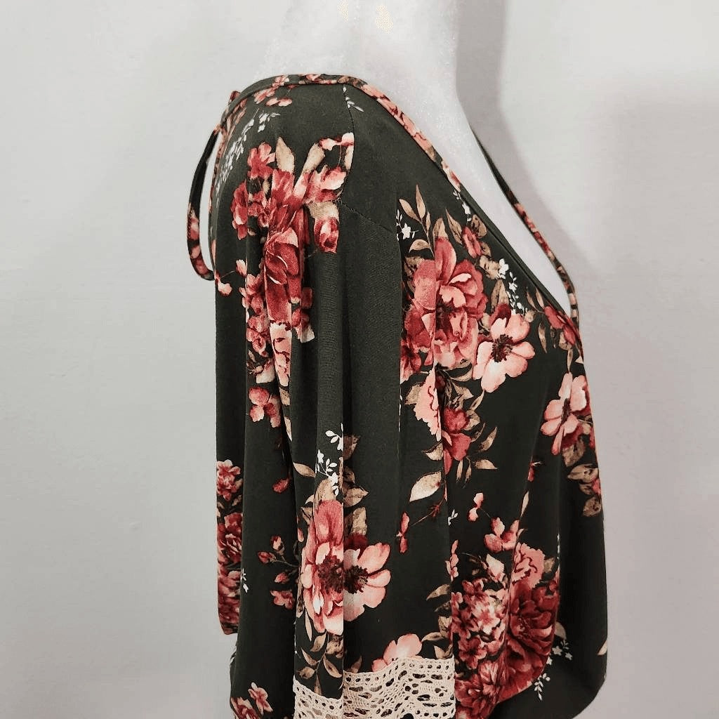 Charlotte Russe Pink and Green Floral Top NWT Size Large Green Wrap Look Top