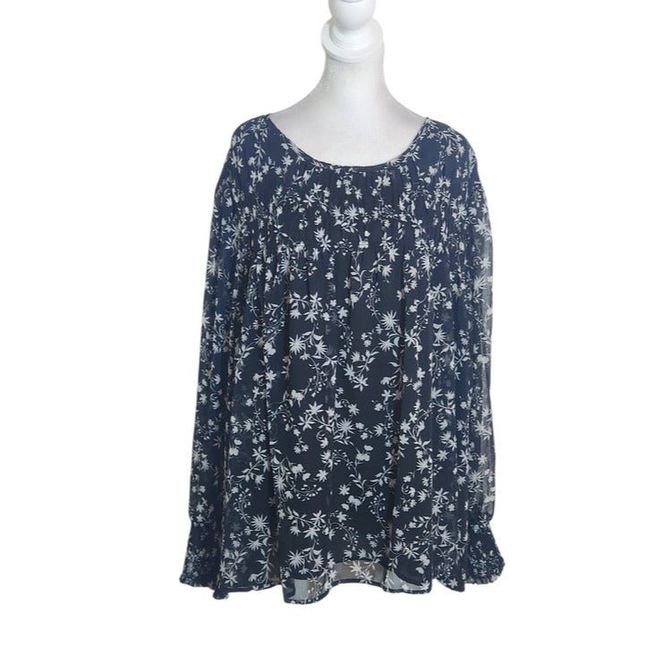 Terra & Sky Black and White Floral Blouse Sheer Sleeves Size 3X