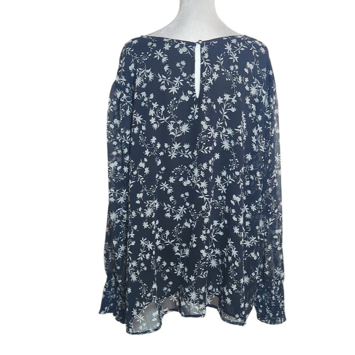 Terra & Sky Black and White Floral Blouse Sheer Sleeves Size 3X