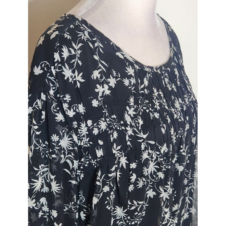 Terra & Sky Black and White Floral Blouse Sheer Sleeves Size 3X