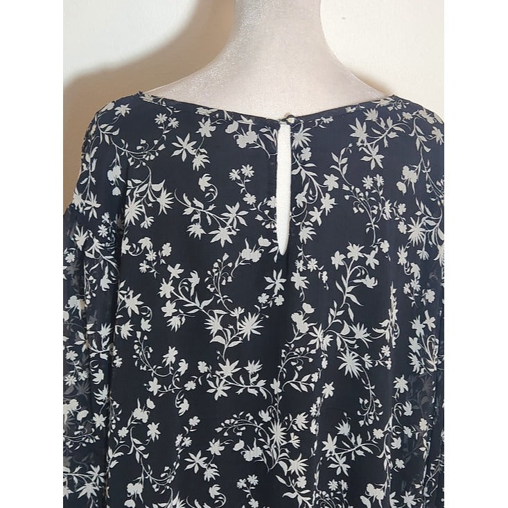 Terra & Sky Black and White Floral Blouse Sheer Sleeves Size 3X