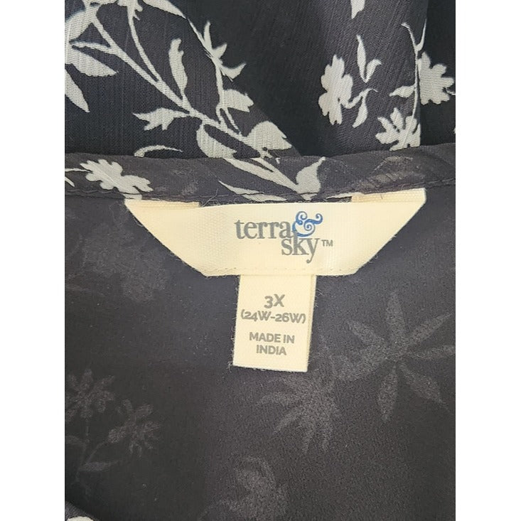 Terra & Sky Black and White Floral Blouse Sheer Sleeves Size 3X