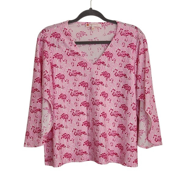 Jude Connally Pink Flamingo Print Blouse Size Small